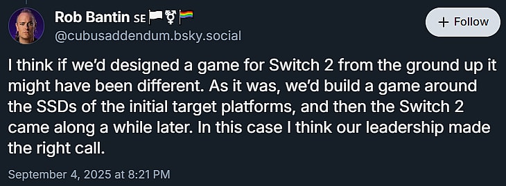 Rob Bantin admits Star Wars Outlaws needed to be on Nintendo Switch 2 Game-Key cards as it was developed too late to optimize for the console, via Bluesky