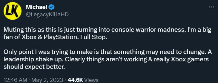 LeagacyKillaHD feels Xbox leadership needs a "shakeup" via Twitter