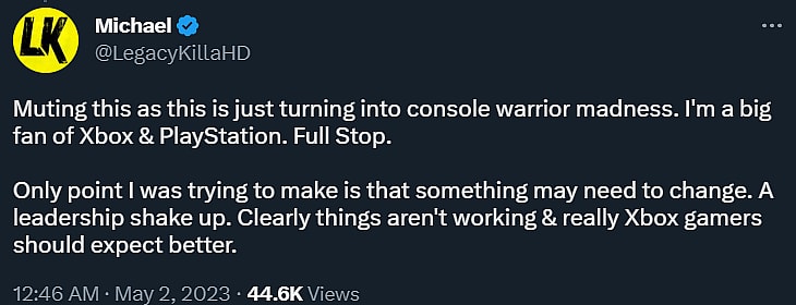 LeagacyKillaHD feels Xbox leadership needs a "shakeup" via Twitter