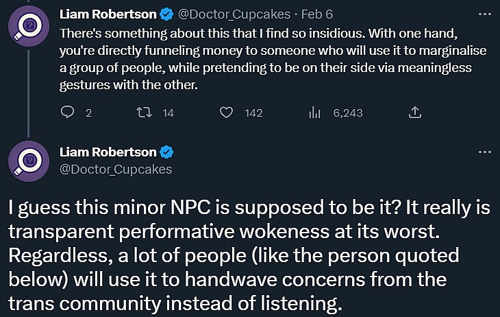 Liam Robertson feels supporting Hogwarts Legacy will "marginalise" transgender people, while also being unimpressed with the game's transgender character via Twitter