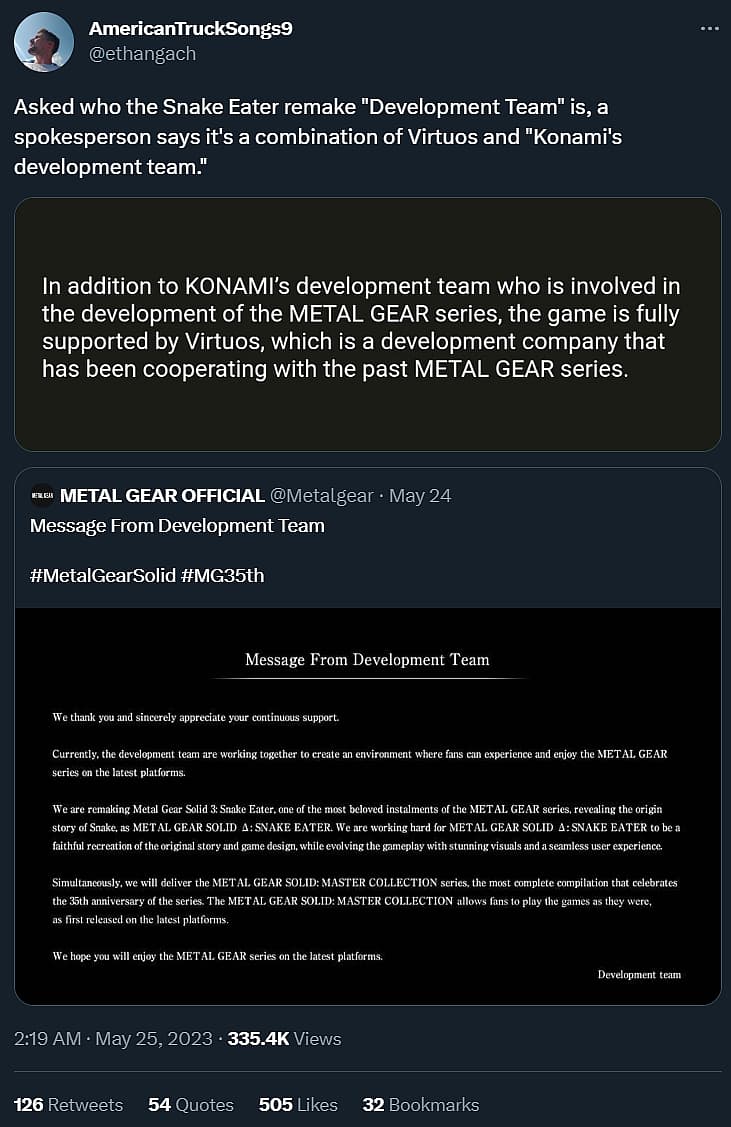 Ethan Gach adds Konami's statement on Virtuos' involvement with Metal Gear Solid Δ: Snake Eater