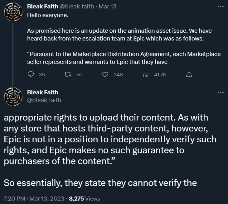 Archangel Studios reveal the reply they received from the Epic Marketplace via Twitter