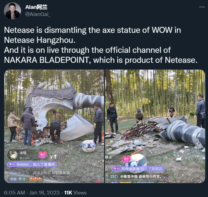 Alan Gai reports that NetEase have destroyed a World of Warcraft inspired statue outside their offices via Twitter