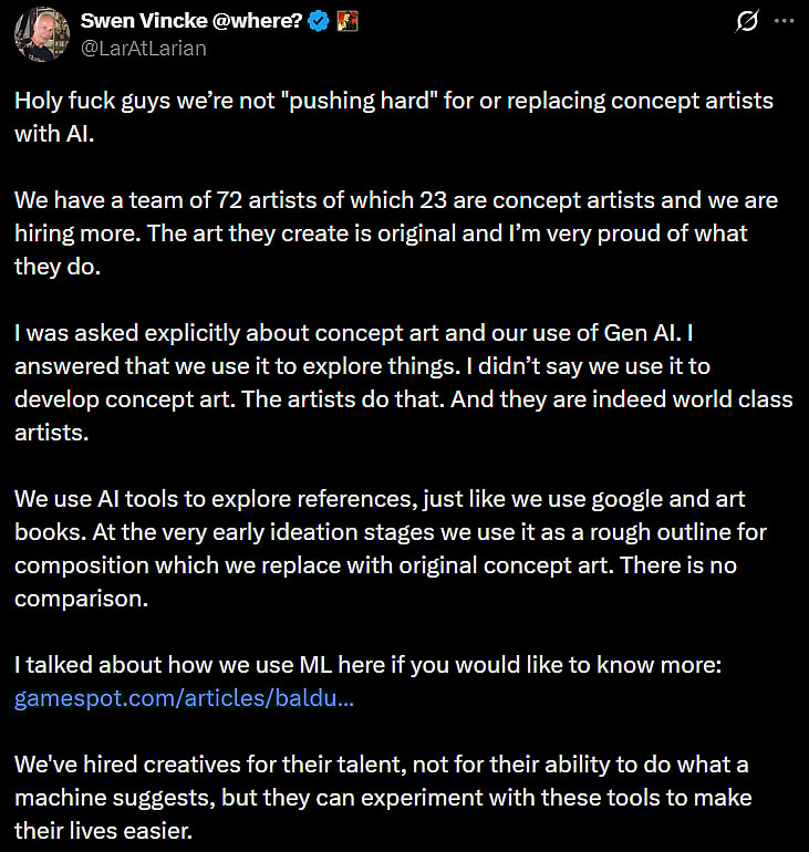 Swen Vincke assures Larain Studios has no intention of replacing concept artists with AI via X