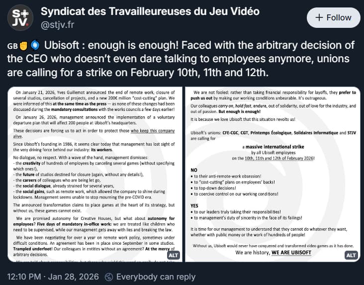 Syndicat des Travailleureuses du Jeu Vidéo, STJV, declare a strike at Ubisoft along with other unions at Bluesky