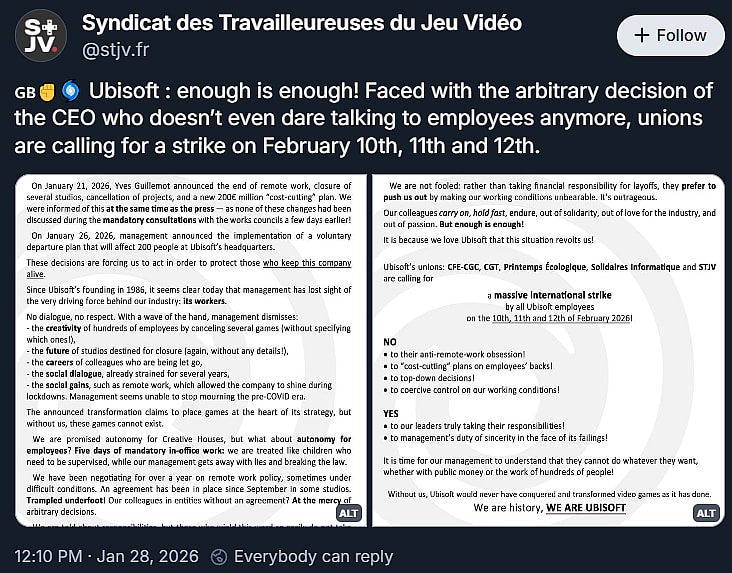 Syndicat des Travailleureuses du Jeu Vidéo, STJV, declare a strike at Ubisoft along with other unions at Bluesky