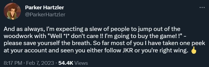 Parker Hartzler condemns those who support Hogwarts Legacy via Twitter