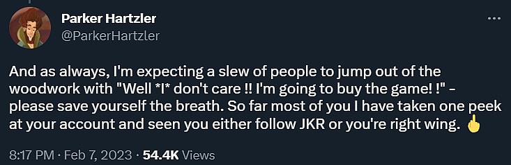 Parker Hartzler condemns those who support Hogwarts Legacy via Twitter