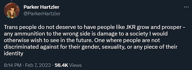 Parker Hartzler defies J.K. Rowling prospering, as it gives "ammunition to the wrong side" via Twitter