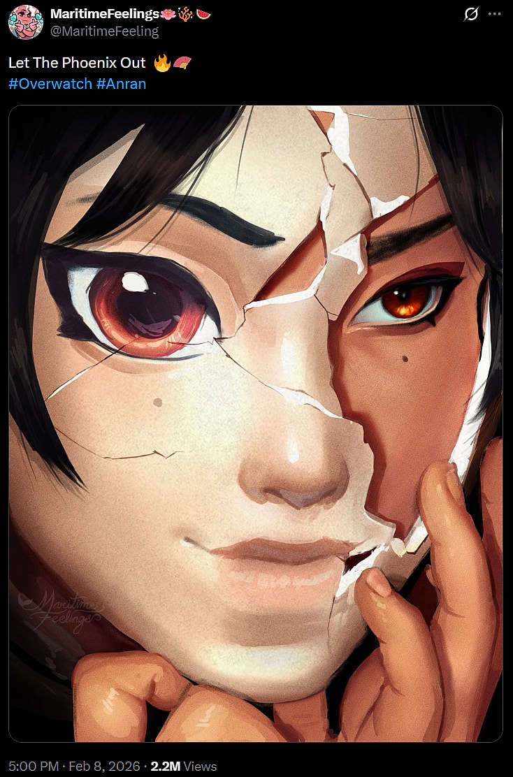 @MaritimeFeelings art showing Overwatch character Anran with her older face hidden beneath a cracked mask of her new design.
