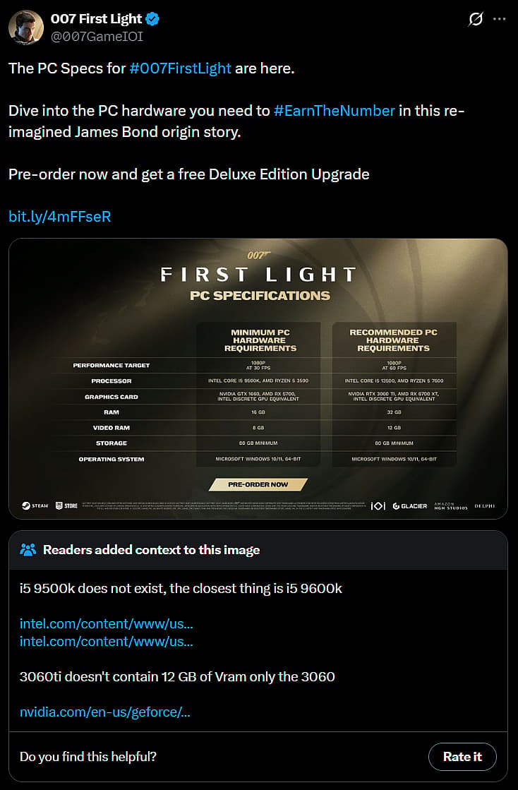 007 First Light PC specifications declared, community note flags non-existent graphics cards