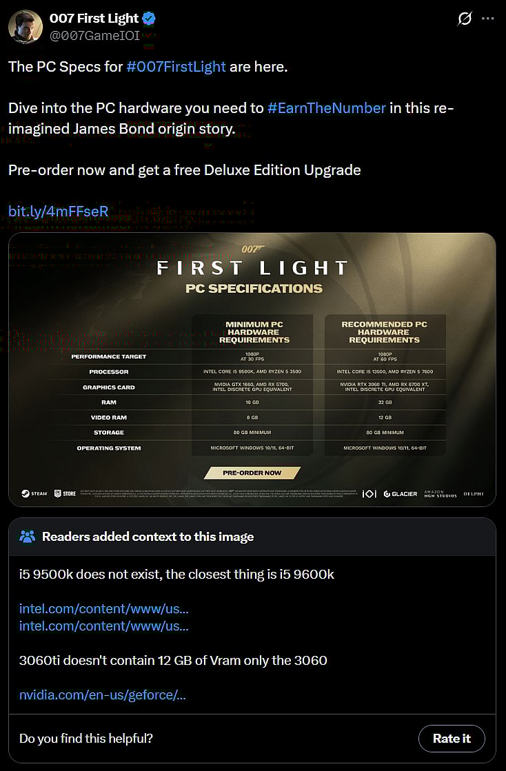 The official 007 First Light account declares the PC specifications, only to get a community note for non-existent graphics cards via X
