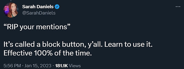 Sarah Daniels seemingly advocates for blocking critics after begging for Hogwarts Legacy to be boycotted via Twitter