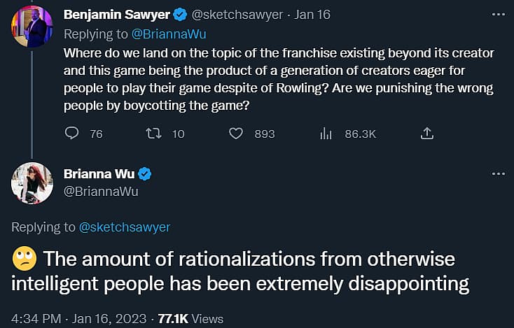 Benjamin Sawyer asks if Hogwarts Legacy boycott would harm developers; Brianna Wu ignores him