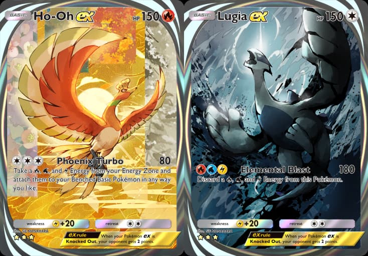 Ho-Oh takes to the skies via Ho-Oh EX (Card #240), Pokémon Trading Card Game Pocket - Wisdom of Sea and Sky (2025), Nintendo / Lugia unleashes a storm via Lugia EX (Card #211), Pokémon Trading Card Game Pocket - Wisdom of Sea and Sky (2025), Nintendo