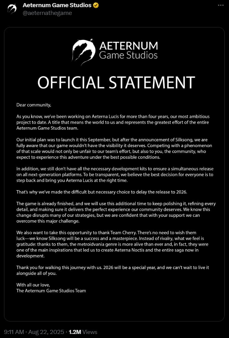 Aeternum Game Studios announces Aeterna Lucis is delayed due to Hollow Knight: Silksong