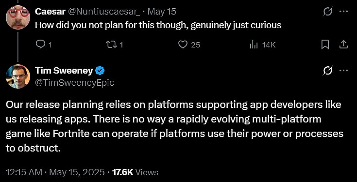 Nuntiuscaesar_ and Tim Sweeney on X