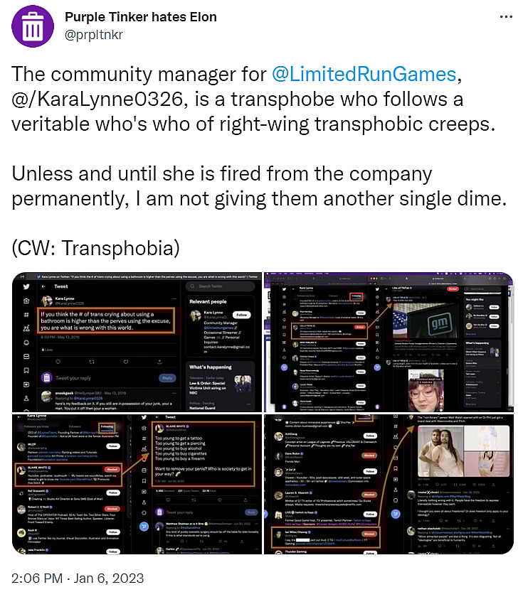 Archive link Purple Tinker highlights a supposedly offensive tweet made by Kara Lynne, along with "right-wing transphobic creeps" she follows via Twitter