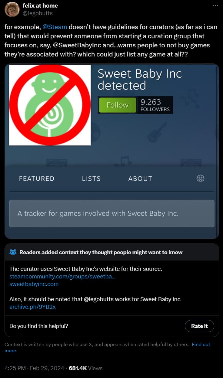 Archive link Maya Felix Kramer shows concern over the Sweet Baby Inc detected Steam Curator, and is exposed as being an employee by community notes via Twitter