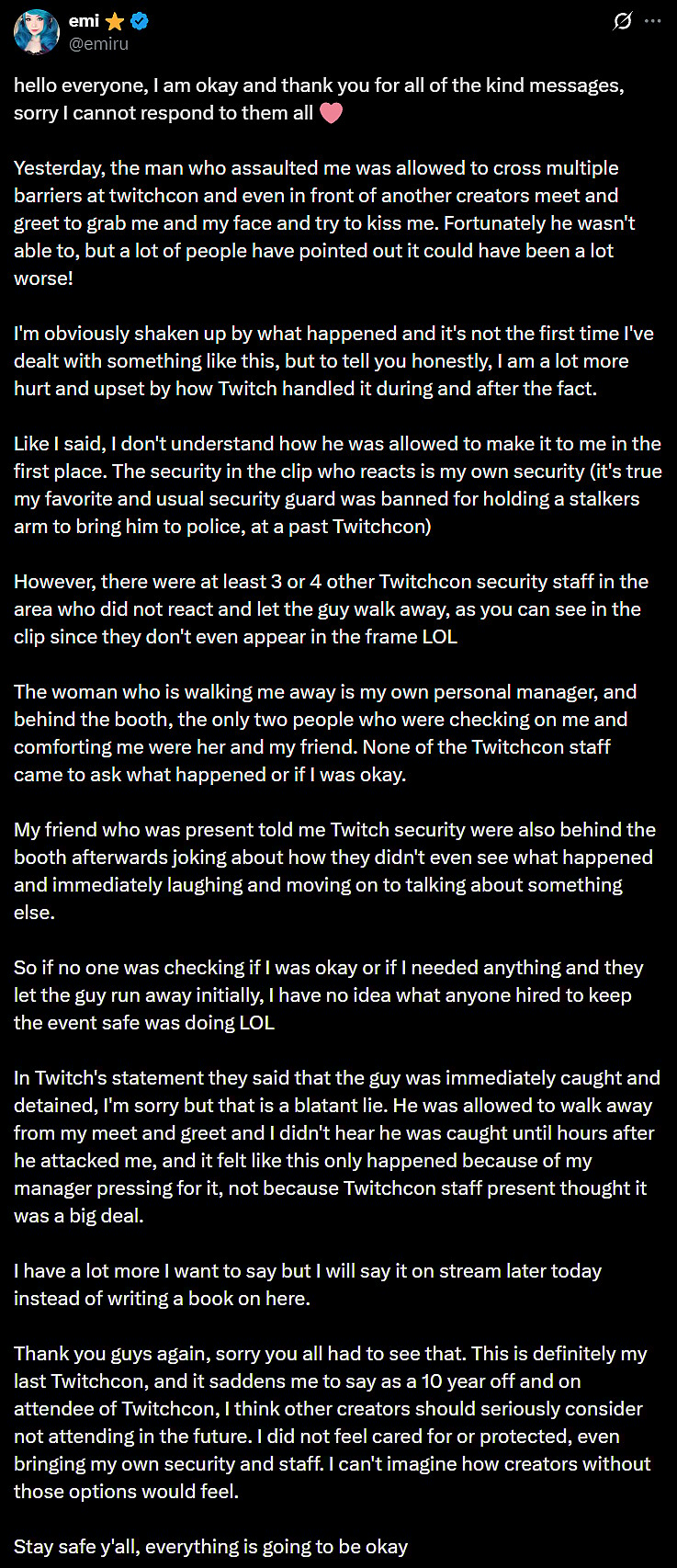 Emiru discusses the assault at TwitchCon 2025 via X