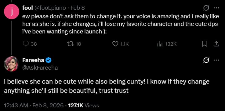 @fooLpiano expresses concern Overwatch character Anran's design will be less cute if redesigned, while Fareeha Anderson (@AskFareeha) assures she will be both cute and "c---y", via X