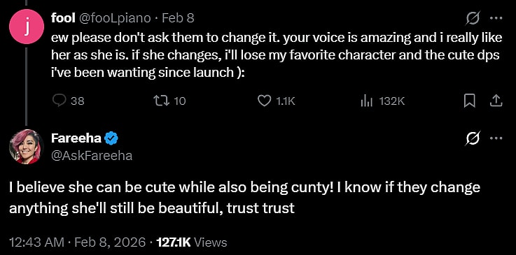 @fooLpiano expresses concern Overwatch character Anran's design will be less cute if redesigned, while Fareeha Anderson (@AskFareeha) assures she will be both cute and "c---y", via X