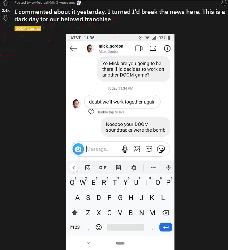 MedicalMilk shares an alleged text message from Mick Gordon on the 'Doom' Subreddit. Therein, Gordon allegedly states he doubt he'll work with Id Software again.