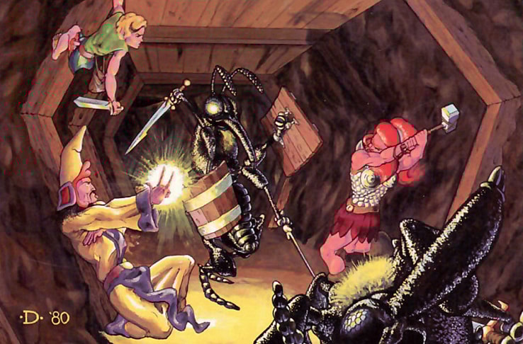 The party fights against a Giant Ant in on Jeff Dee's cover to Slave Pits of the Undercity (1980), TSR Games