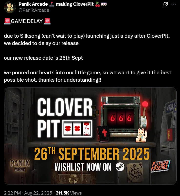 Panik Arcade delays CloverPit due to Hollow Knight: Silksong