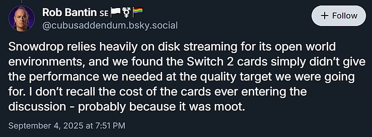 Rob Bantin explains Nintendo Switch 2 carts are too slow for Star Wars Outlaws via Bluesky