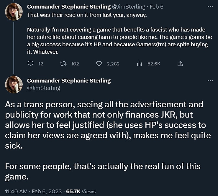 Stephanie Sterling refuses to cover Hogwarts Legacy via Twitter