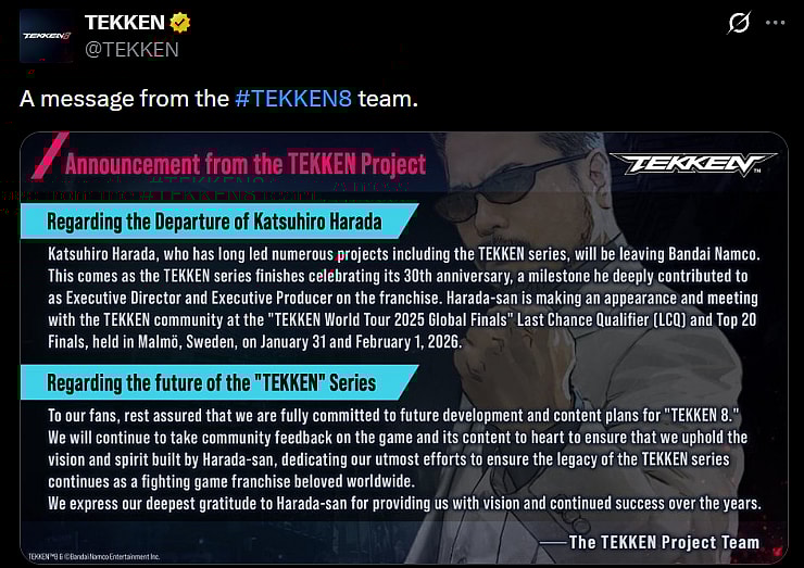 The Tekken Project Team assures the series will have a future after the departure of Katsuhiro Harada via X