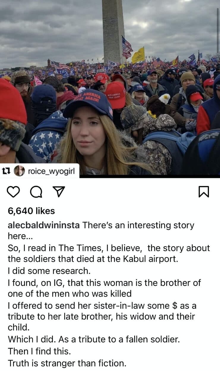 Alec Baldwin reposts Roice McCollum’s photo via Instagram