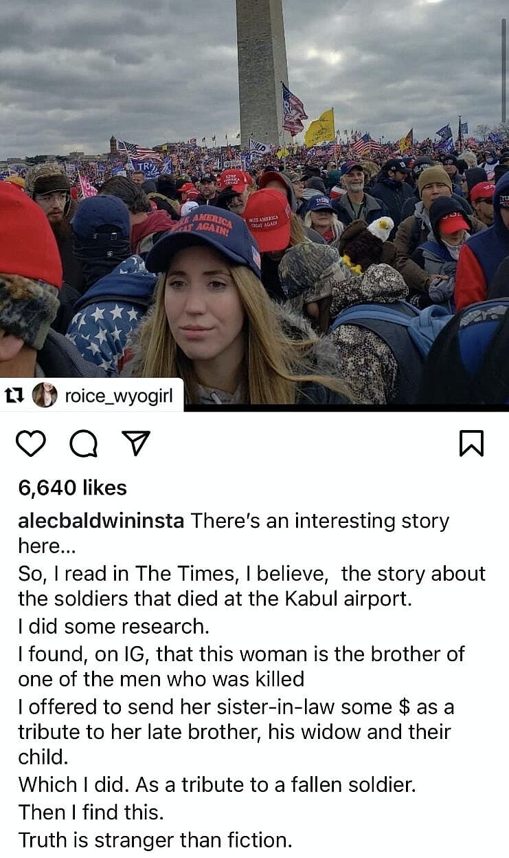 Alec Baldwin reposts Roice McCollum’s photo via Instagram