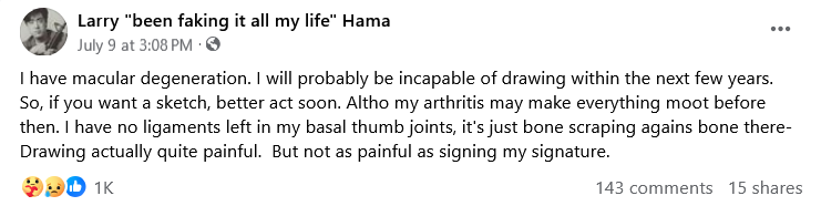 'G.I. Joe' comic book scribe Larry Hama gives a troubling update on his personal health.
