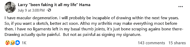 'G.I. Joe' comic book scribe Larry Hama gives a troubling update on his personal health.