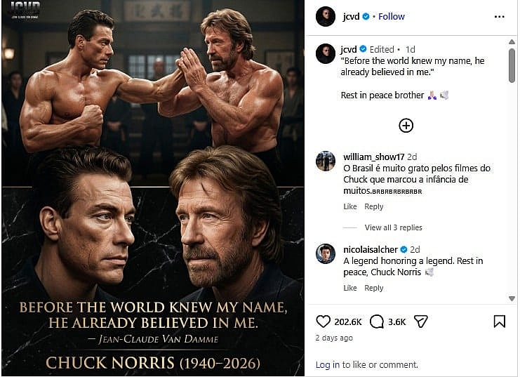 Jean-Claude Van Damme tribute to Chuck Norris Via @jcvd 2026, Instagram