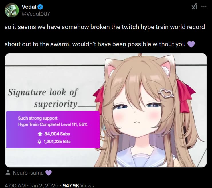AI VTuber Neurosama Beats Twitch’s Longest Hype Train Record