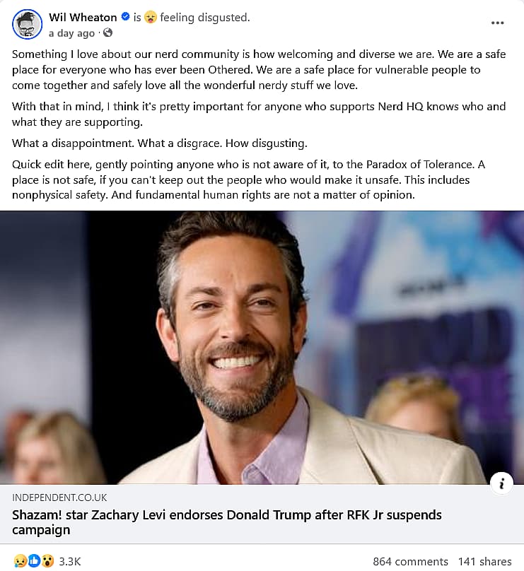 'Star Trek' alum Wil Wheaton slams 'Shazam!' star Zachary Levi for his endorsement of Donald Trump.