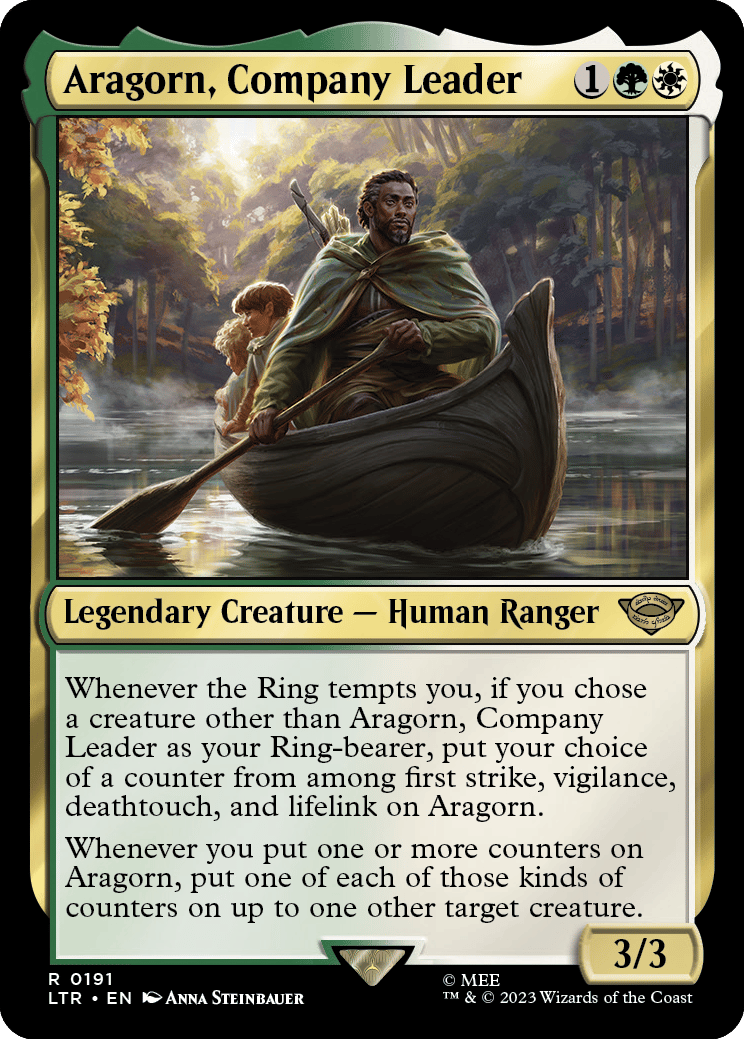 Aragorn, Company Leader via Card #191 from Magic: The Gathering - The Lord of the Rings: Tales of Middle-earth Set (2023), Wizards of the Coast. Art by Anna Steinbauer.