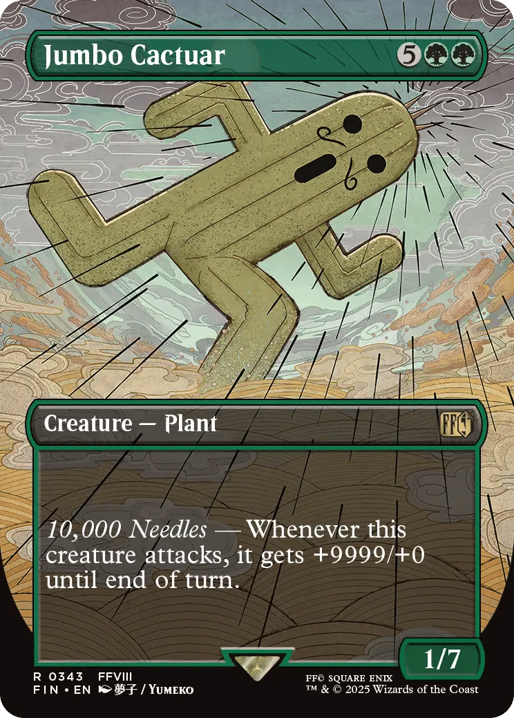 A Cactuar rains down hell via Card #343, Magic: The Gathering - Final Fantasy (2025), Wizards of the Coast. Art by Yumeko.