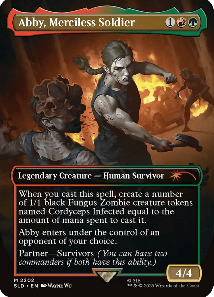 Abby drops the hammer on a Cordycept Clicker via Abby, Merciless Soldier (Card #2202), Magic: The Gathering - Secret Lair Drop (2025), Wizards of the Coast. Art by Wayne Wu. MTG