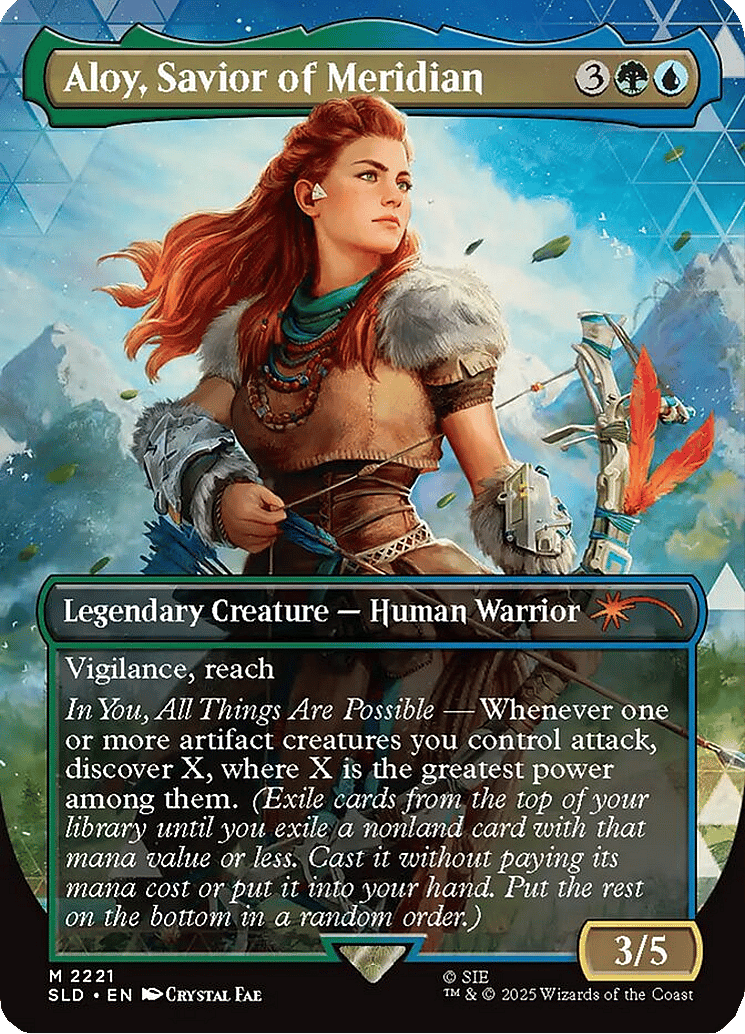 Aloy sets out to explore the Forbidden West via Aloy, Savior of Meridian (Card #2221), Magic: The Gathering - Secret Lair Drop (2025), Wizards of the Coast. Art by Crystal Fae. MTG