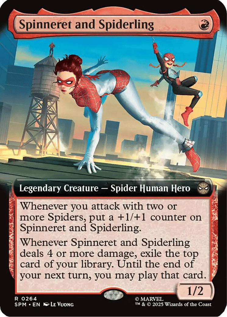 MJ and Annie-May patrol New York's skyline via Spinneret and Spiderling (Card #264) Magic: The Gathering – Marvel’s Spider-Man (2025), Wizards of the Coast. Art by Le Vuong.