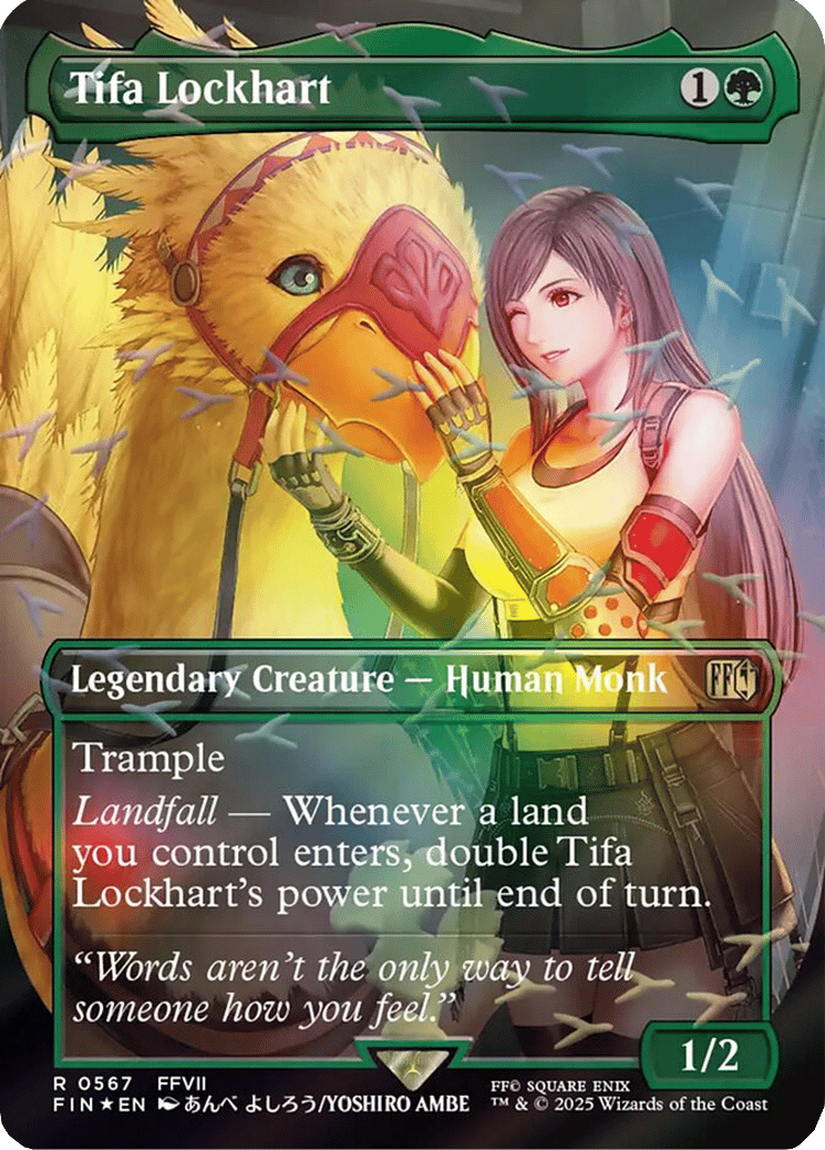 Seventh Heaven's finest bartender makes a new Chocobo friend via Tifa Lockhart (Card #567), Magic: The Gathering - Final Fantasy Commander (2025), Wizards of the Coast. Art by Yoshiro Ambe.