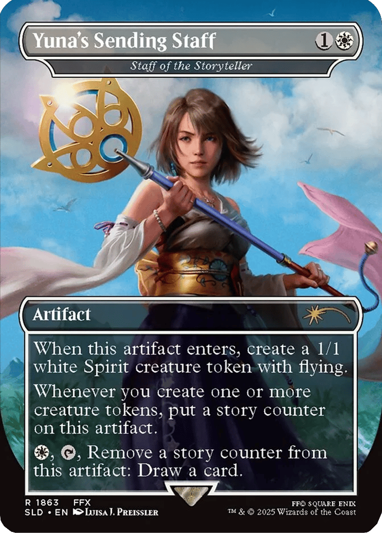 Yuna prepares to fulfill her duties as a sorcerer via Yuna's Sending Staff (Card #1863), Magic: The Gathering - Secret Lair Drop (2025), Wizards of the Coast. Art by Luisa J. Preissler.