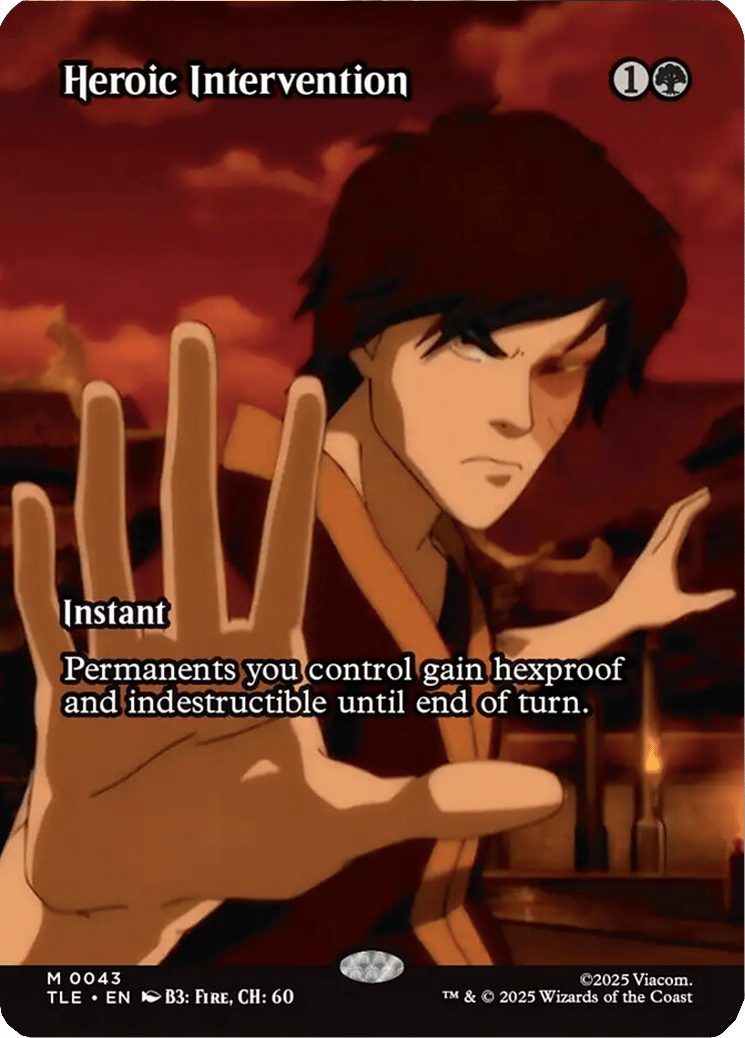 Prince Zuko (Dante Basco) picks Team Avatar over his royal Fire Kingdom bloodline via Heroic Intervention (Card #043), Mystic Remora (Card #016), Magic: The Gathering - Avatar: The Last Airbender Eternal (2025), Wizards of the Coast. Art by Viacom.