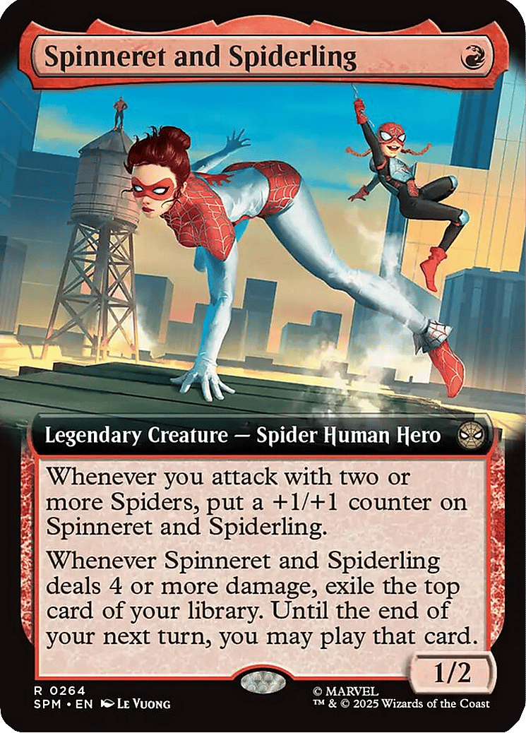 MJ and Annie-May patrol New York via Spinneret and Spiderling in Magic: The Gathering – Marvel's