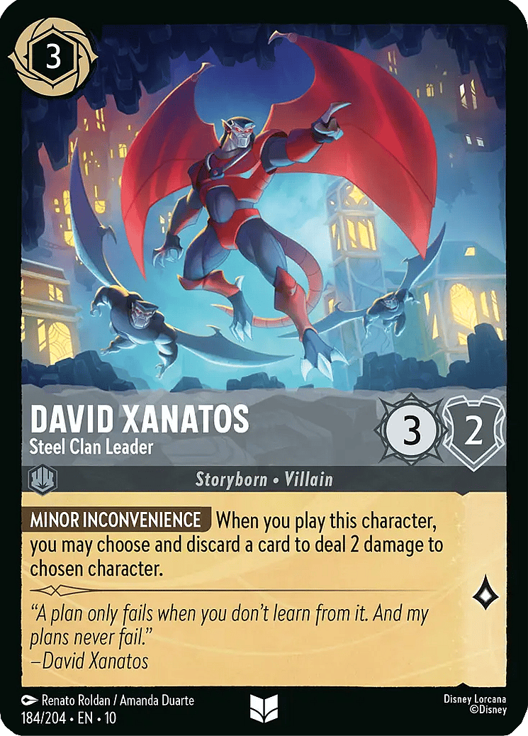 The Gargoyles' biology proves no match for technology via David Xanatos, Steel Clan Leader (Card #184), Disney Lorcana - Fabled (2025), Ravensburger. Art by Renato Roldan/Amanda Duarte.