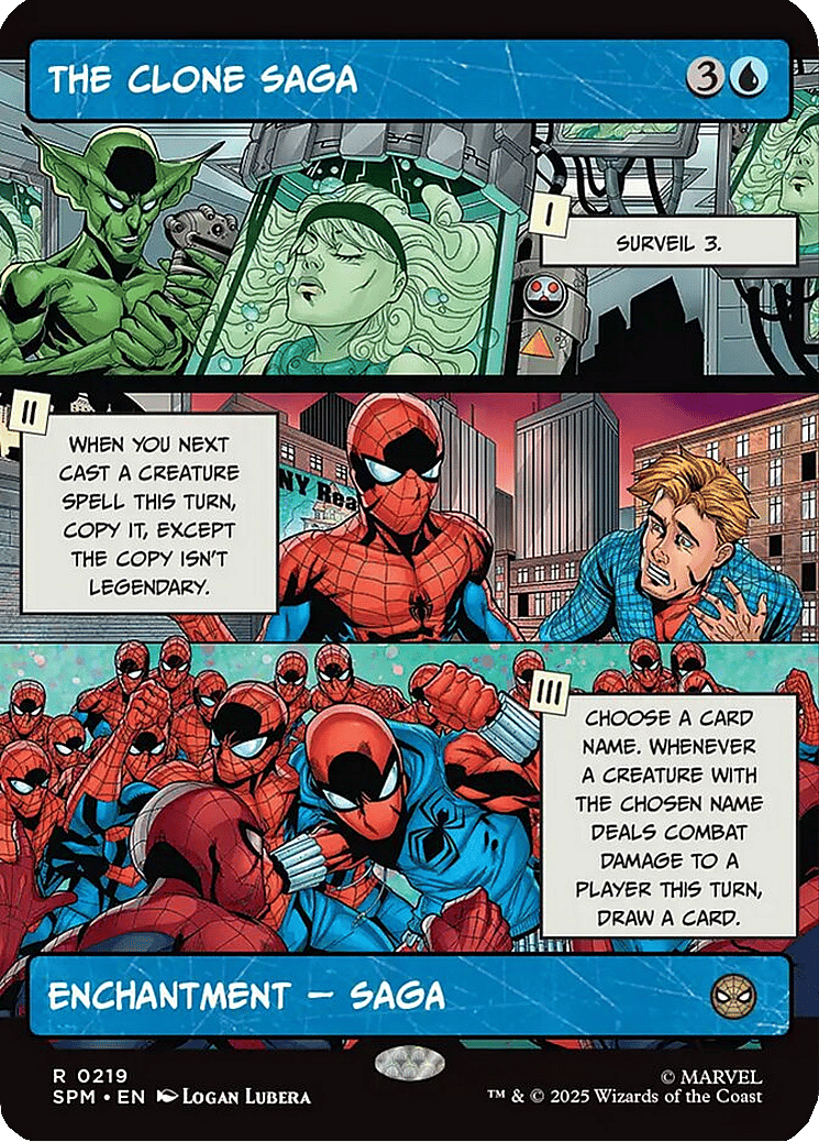 Peter Parker's life is thrown for a familiar-looking loop via The Clone Saga (Card #219) Magic: The Gathering – Marvel’s Spider-Man (2025), Wizards of the Coast. Art by Logan Lubera.